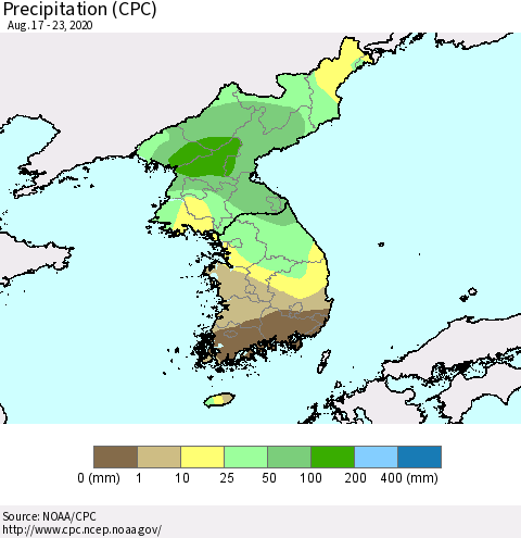 Korea Precipitation (CPC) Thematic Map For 8/17/2020 - 8/23/2020