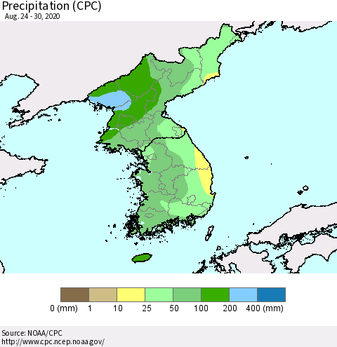 Korea Precipitation (CPC) Thematic Map For 8/24/2020 - 8/30/2020