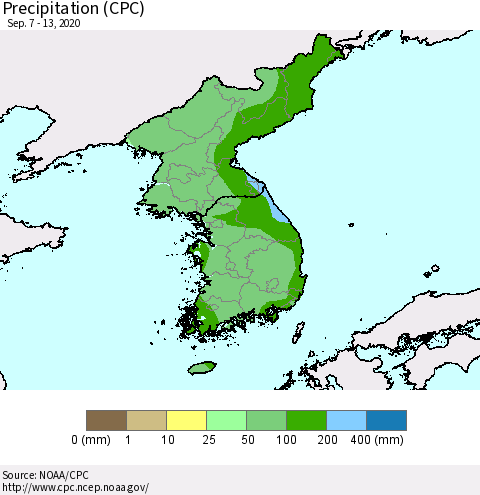 Korea Precipitation (CPC) Thematic Map For 9/7/2020 - 9/13/2020