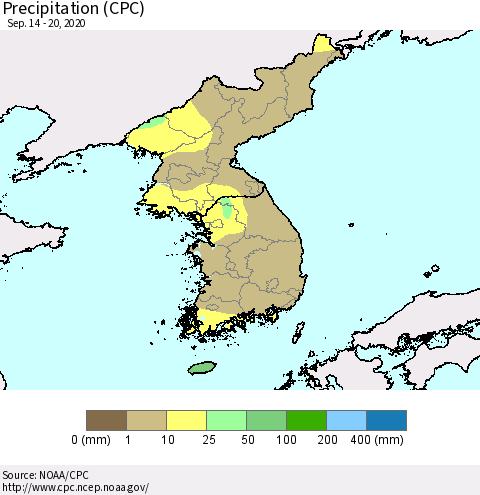 Korea Precipitation (CPC) Thematic Map For 9/14/2020 - 9/20/2020