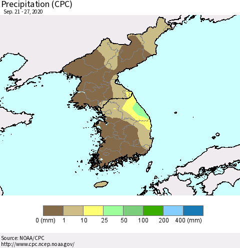 Korea Precipitation (CPC) Thematic Map For 9/21/2020 - 9/27/2020