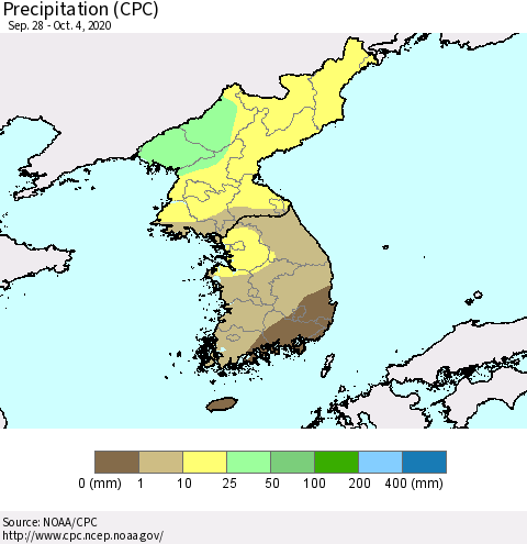 Korea Precipitation (CPC) Thematic Map For 9/28/2020 - 10/4/2020