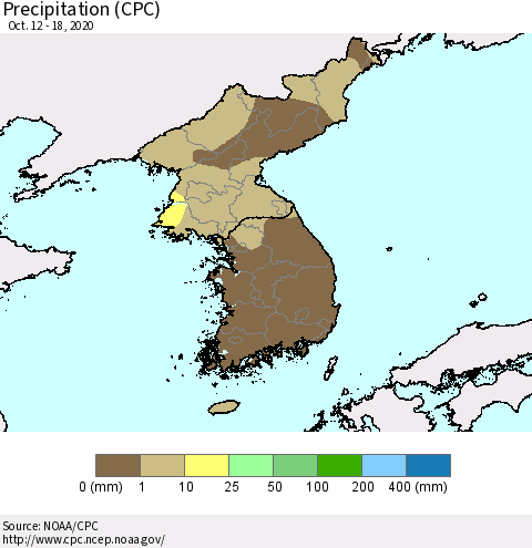 Korea Precipitation (CPC) Thematic Map For 10/12/2020 - 10/18/2020