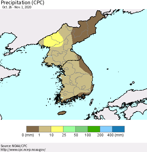 Korea Precipitation (CPC) Thematic Map For 10/26/2020 - 11/1/2020