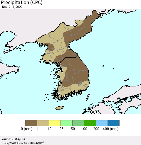Korea Precipitation (CPC) Thematic Map For 11/2/2020 - 11/8/2020