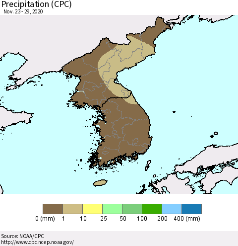 Korea Precipitation (CPC) Thematic Map For 11/23/2020 - 11/29/2020