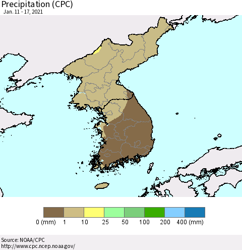 Korea Precipitation (CPC) Thematic Map For 1/11/2021 - 1/17/2021