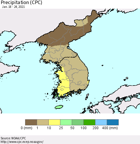 Korea Precipitation (CPC) Thematic Map For 1/18/2021 - 1/24/2021