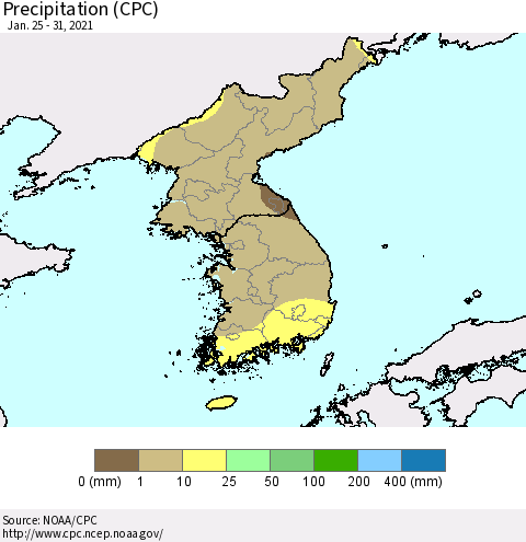 Korea Precipitation (CPC) Thematic Map For 1/25/2021 - 1/31/2021