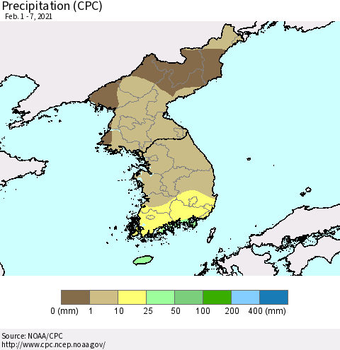 Korea Precipitation (CPC) Thematic Map For 2/1/2021 - 2/7/2021