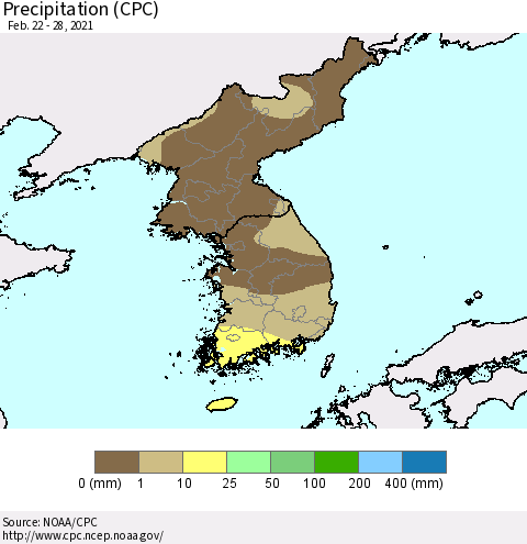 Korea Precipitation (CPC) Thematic Map For 2/22/2021 - 2/28/2021
