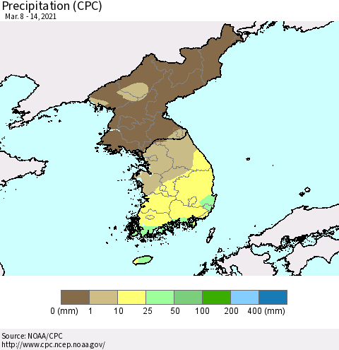 Korea Precipitation (CPC) Thematic Map For 3/8/2021 - 3/14/2021