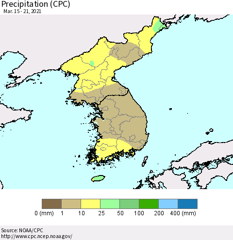 Korea Precipitation (CPC) Thematic Map For 3/15/2021 - 3/21/2021