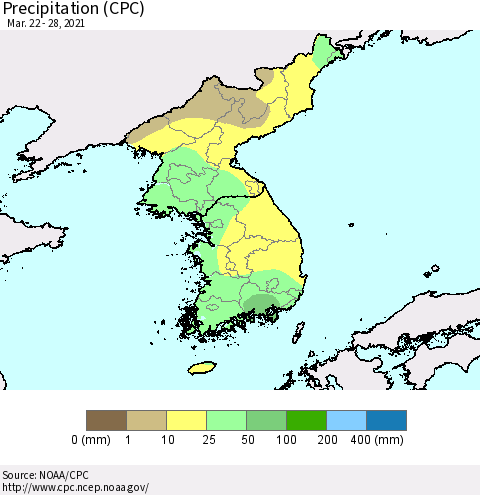 Korea Precipitation (CPC) Thematic Map For 3/22/2021 - 3/28/2021