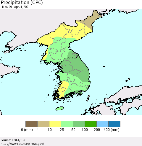 Korea Precipitation (CPC) Thematic Map For 3/29/2021 - 4/4/2021
