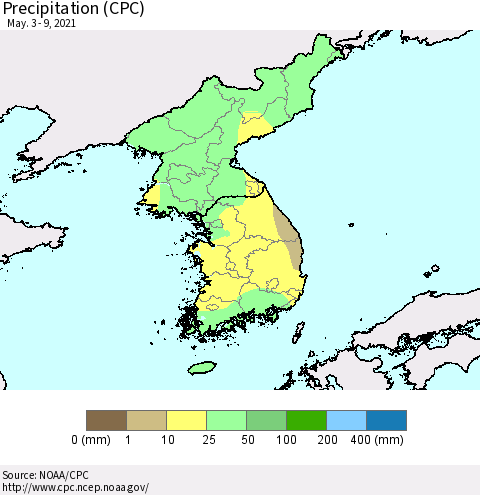 Korea Precipitation (CPC) Thematic Map For 5/3/2021 - 5/9/2021