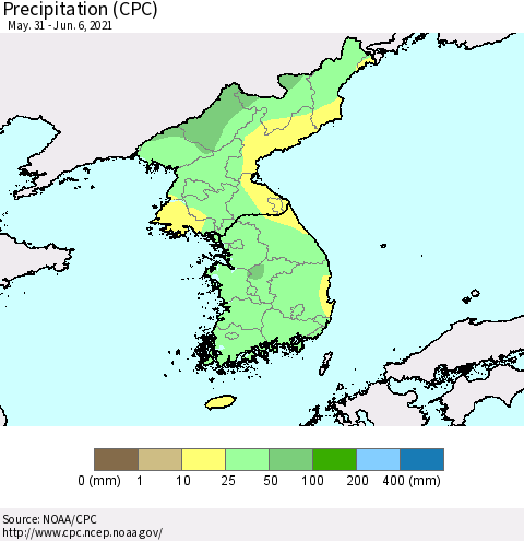 Korea Precipitation (CPC) Thematic Map For 5/31/2021 - 6/6/2021