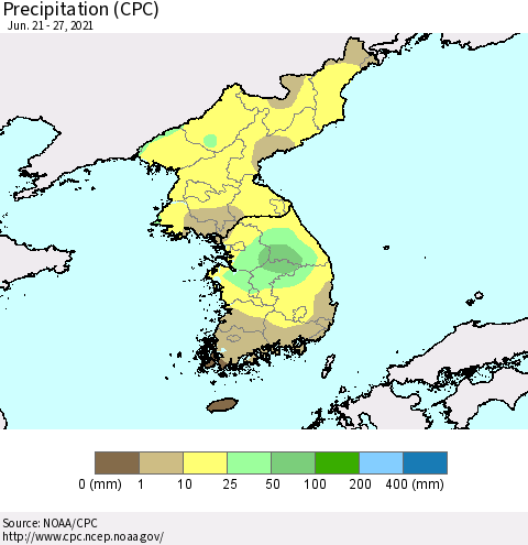 Korea Precipitation (CPC) Thematic Map For 6/21/2021 - 6/27/2021