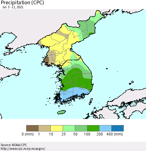 Korea Precipitation (CPC) Thematic Map For 7/5/2021 - 7/11/2021