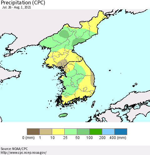 Korea Precipitation (CPC) Thematic Map For 7/26/2021 - 8/1/2021
