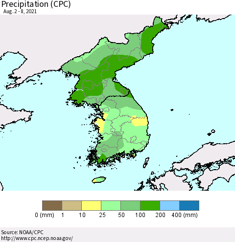 Korea Precipitation (CPC) Thematic Map For 8/2/2021 - 8/8/2021