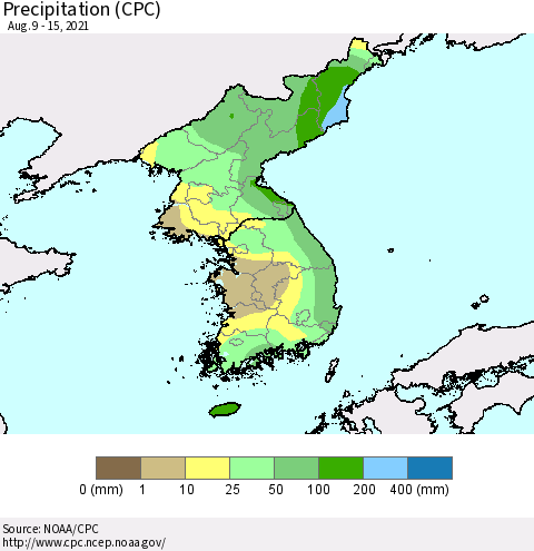 Korea Precipitation (CPC) Thematic Map For 8/9/2021 - 8/15/2021