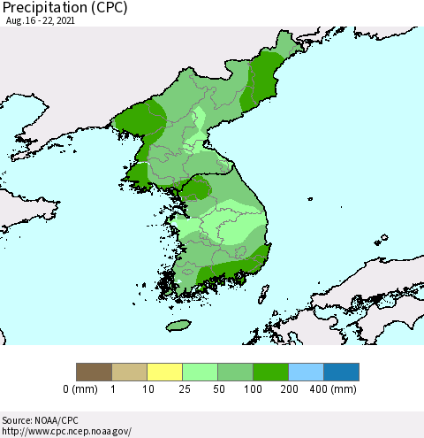Korea Precipitation (CPC) Thematic Map For 8/16/2021 - 8/22/2021