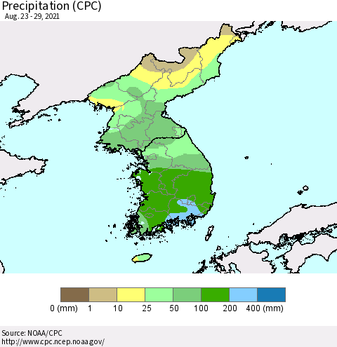 Korea Precipitation (CPC) Thematic Map For 8/23/2021 - 8/29/2021