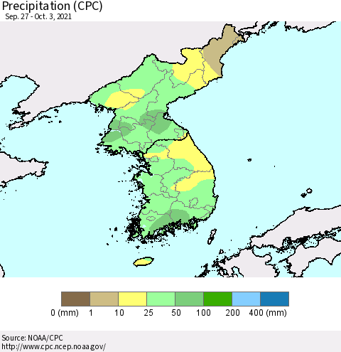 Korea Precipitation (CPC) Thematic Map For 9/27/2021 - 10/3/2021