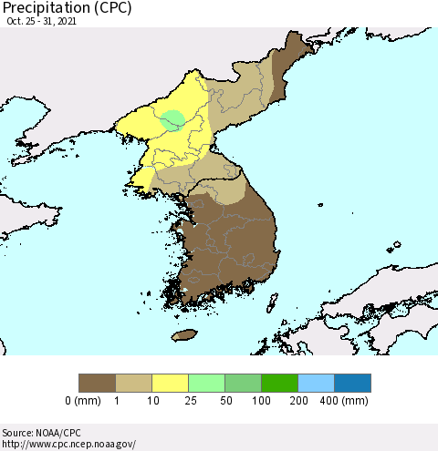Korea Precipitation (CPC) Thematic Map For 10/25/2021 - 10/31/2021