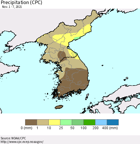 Korea Precipitation (CPC) Thematic Map For 11/1/2021 - 11/7/2021
