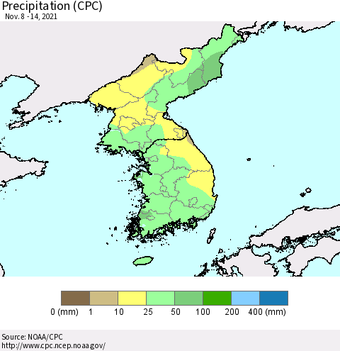 Korea Precipitation (CPC) Thematic Map For 11/8/2021 - 11/14/2021