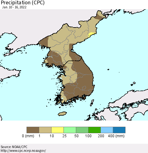 Korea Precipitation (CPC) Thematic Map For 1/10/2022 - 1/16/2022