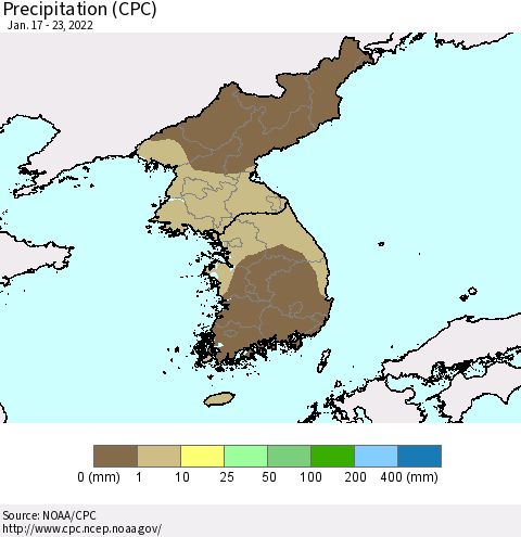 Korea Precipitation (CPC) Thematic Map For 1/17/2022 - 1/23/2022