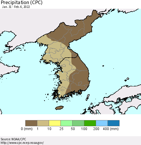 Korea Precipitation (CPC) Thematic Map For 1/31/2022 - 2/6/2022