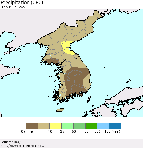Korea Precipitation (CPC) Thematic Map For 2/14/2022 - 2/20/2022
