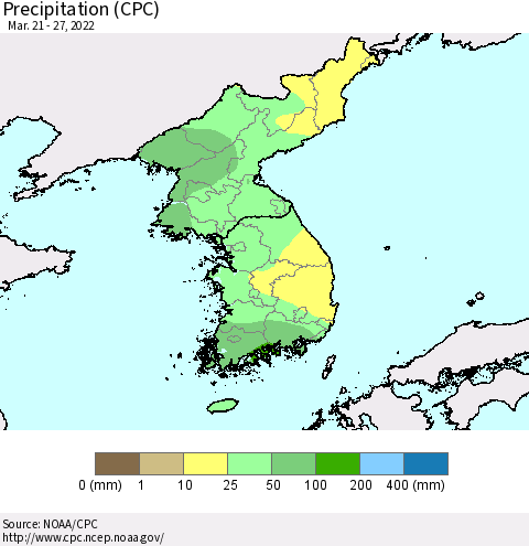 Korea Precipitation (CPC) Thematic Map For 3/21/2022 - 3/27/2022