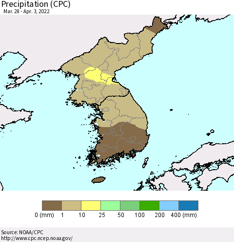 Korea Precipitation (CPC) Thematic Map For 3/28/2022 - 4/3/2022