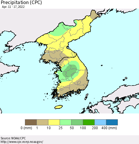 Korea Precipitation (CPC) Thematic Map For 4/11/2022 - 4/17/2022