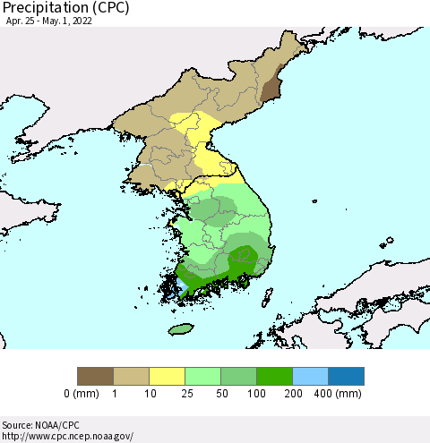 Korea Precipitation (CPC) Thematic Map For 4/25/2022 - 5/1/2022