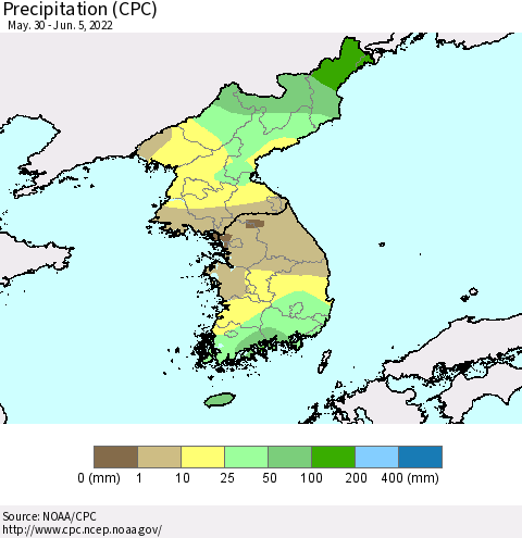 Korea Precipitation (CPC) Thematic Map For 5/30/2022 - 6/5/2022