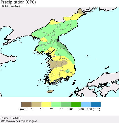 Korea Precipitation (CPC) Thematic Map For 6/6/2022 - 6/12/2022