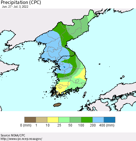 Korea Precipitation (CPC) Thematic Map For 6/27/2022 - 7/3/2022