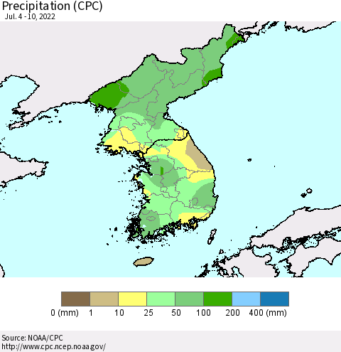 Korea Precipitation (CPC) Thematic Map For 7/4/2022 - 7/10/2022