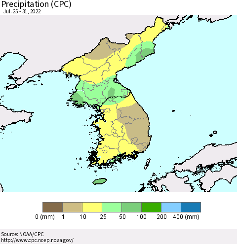 Korea Precipitation (CPC) Thematic Map For 7/25/2022 - 7/31/2022