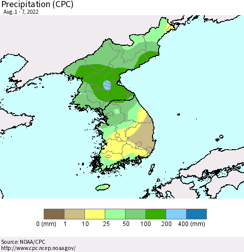 Korea Precipitation (CPC) Thematic Map For 8/1/2022 - 8/7/2022