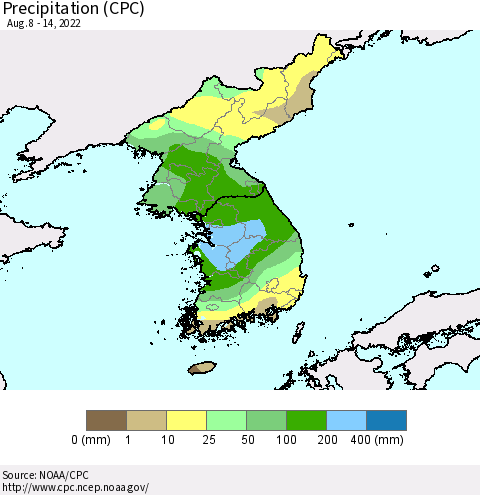 Korea Precipitation (CPC) Thematic Map For 8/8/2022 - 8/14/2022