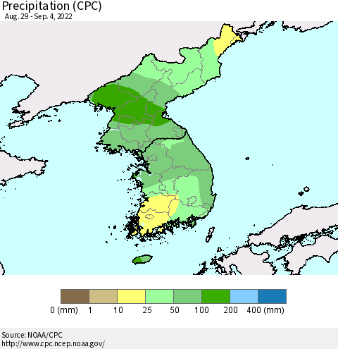 Korea Precipitation (CPC) Thematic Map For 8/29/2022 - 9/4/2022