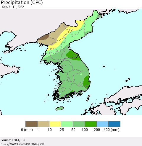 Korea Precipitation (CPC) Thematic Map For 9/5/2022 - 9/11/2022
