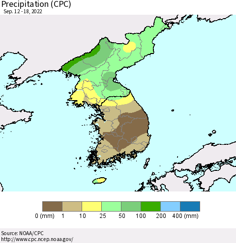 Korea Precipitation (CPC) Thematic Map For 9/12/2022 - 9/18/2022